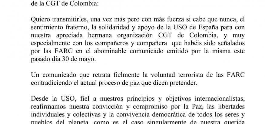 USO condena el atentado contra una líder de la CGT de Colombia