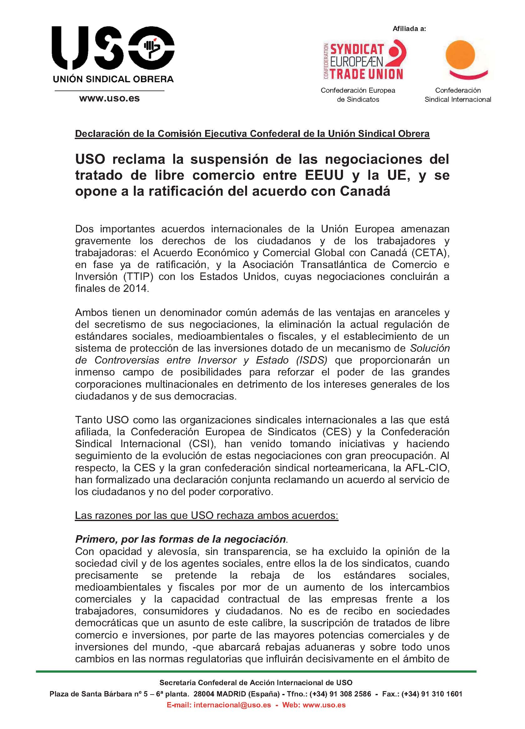 USO: rechazo a los tratados de libre comercio UE-EEUU y UE-Canadá