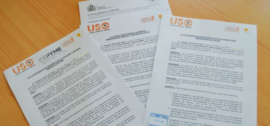 USO registra la convocatoria de huelga para el 8 de marzo