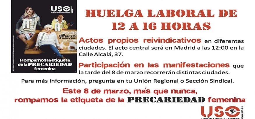 USO convoca huelga de cuatro horas de 12 a 16 horas para defender los derechos laborales femeninos