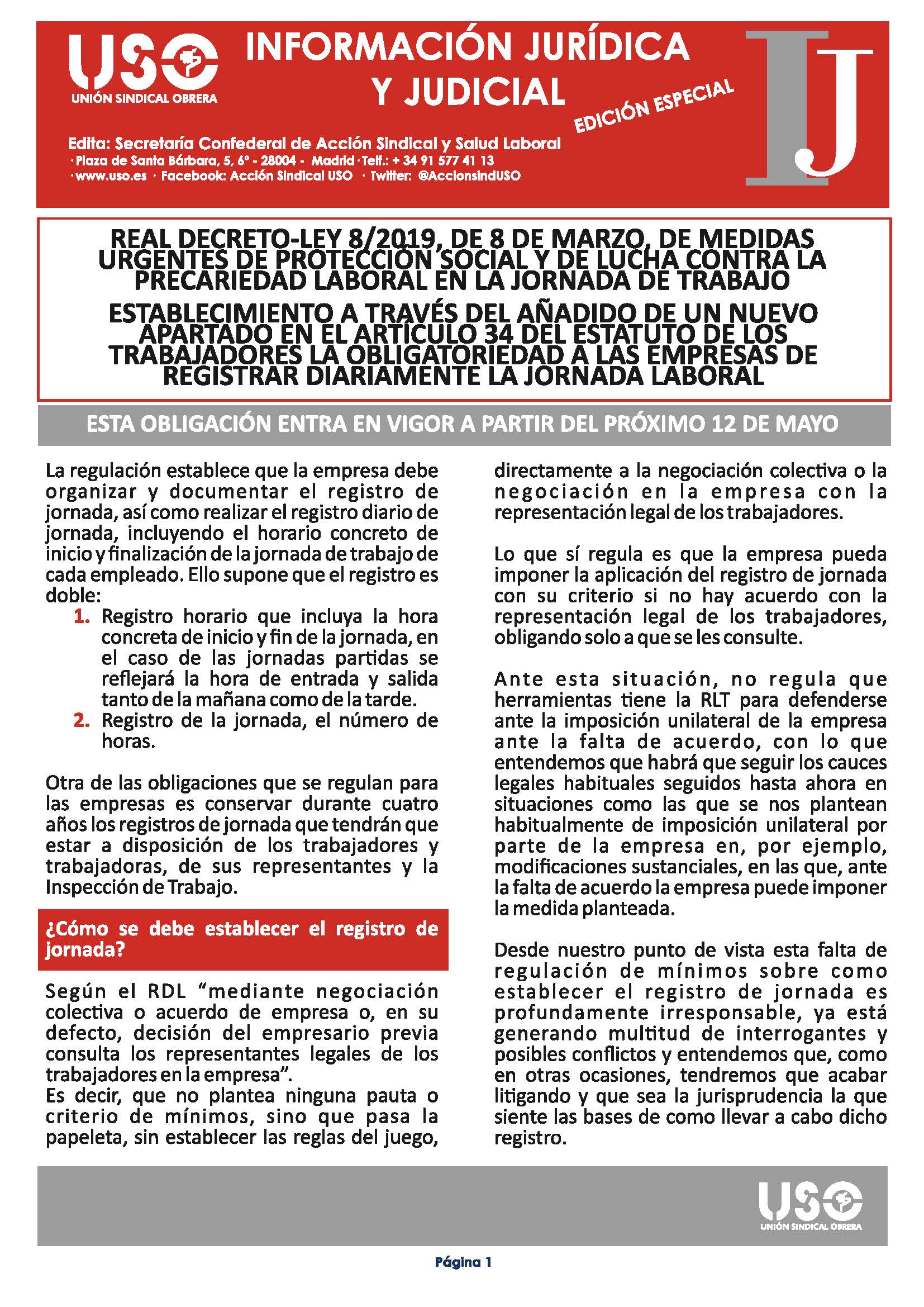 Información Jurídica y Judicial. Edición especial Registro de Jornada