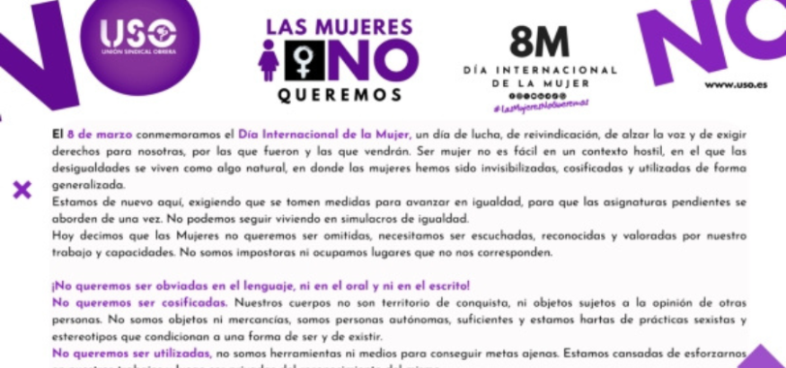 Manifiesto 8M. Las Mujeres No Queremos